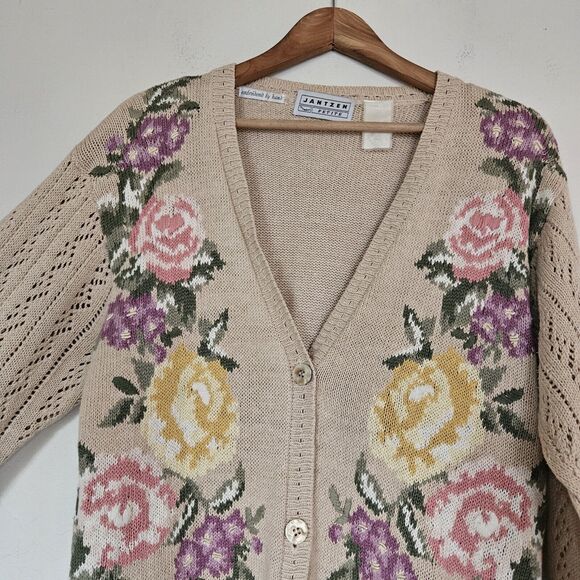 Vtg Jantzen Floral Cardigan Womens L Beige Embroidered Pointelle Cottagecore Gma - Picture 2 of 11
